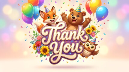 Naklejka premium Cheerful Thank You Cartoon Characters Celebration Card