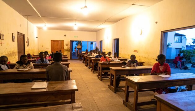 African students in a classroom setting during evening hours, focused on learning at wooden desks.