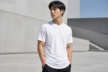 Obraz premium Man standing hands in pockets near modern concrete stairs