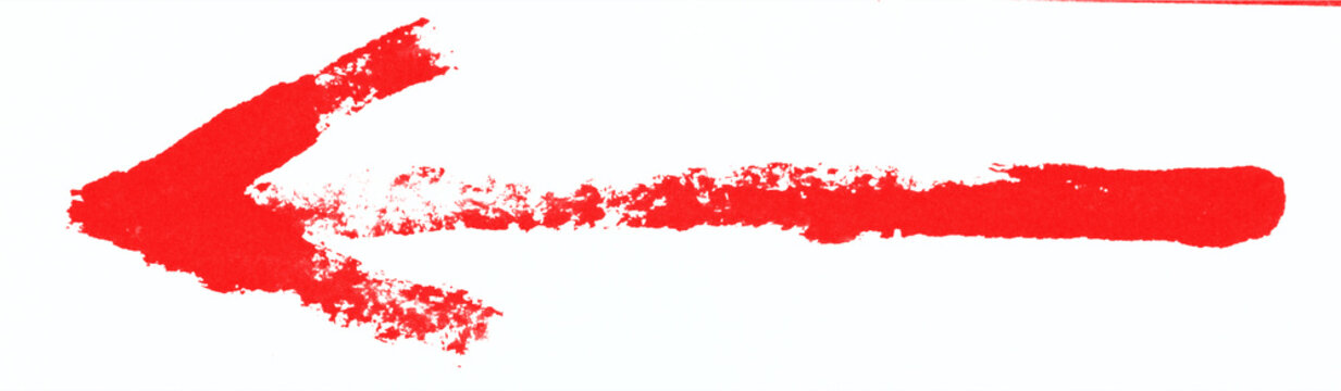 Red grunge left arrow brush stroke isolated on a white background. Hand-painted textured directional symbol perfect for infographics, presentations, posters, web design and creative graphic projects.