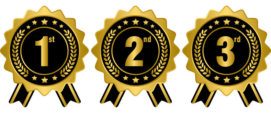 Gold and black first second and third place award ribbon medals