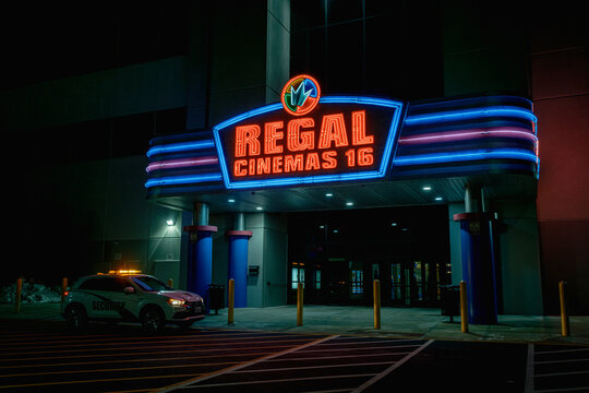 Regal Brandywine Town Center vintage neon sign at night, Wilmington, Delaware