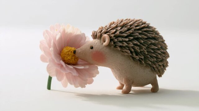 Cute clay hedgehog sniffing pink flower in 3D render for adorable nature content