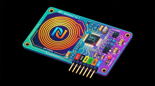 Nfc module version 2.1 electronic component for wireless communication on black background.