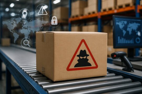 Cardboard box marked suspicious package on warehouse conveyor