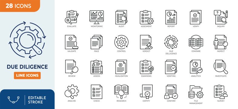 due diligence icon set. Containing inspecting, review, audit, verify, check, assess, analyze, investigate, evaluate, and more. Editable stroke. Vector illustration 
