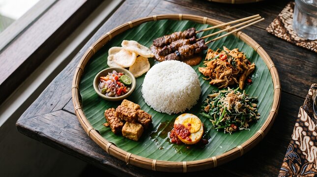 Traditional Indonesian Nasi Campur Platter on Banana Leaf