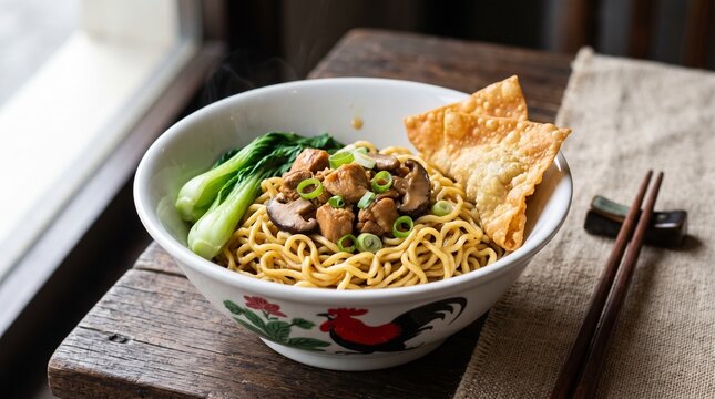 Classic Indonesian Bakmi Ayam Chicken Noodles in Bowl