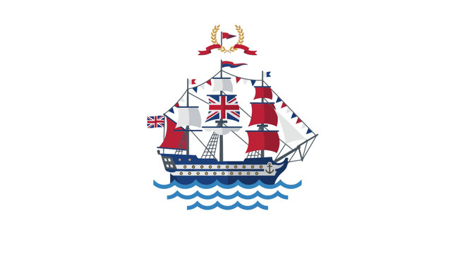 Historic Sailing Ship with British Flags on Ocean Waves Illustration