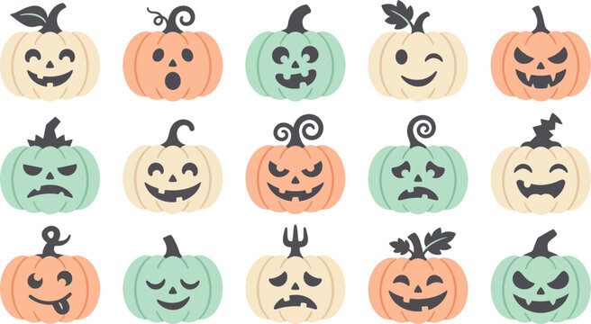 Halloween vector bundle 15 cute pumpkin faces for fall designs decorations