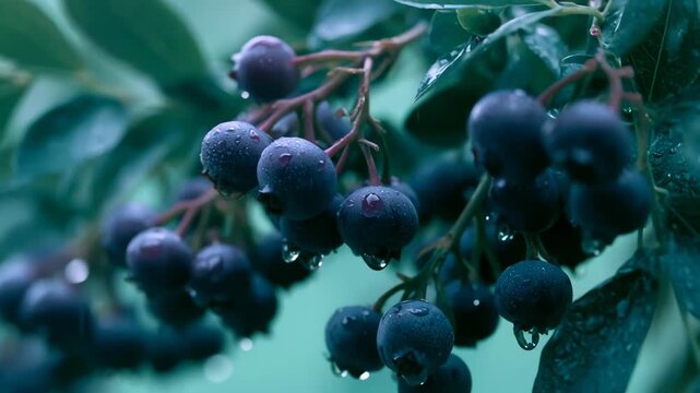Dark berries glistening with raindrops on branches in moody garden for nature and food content