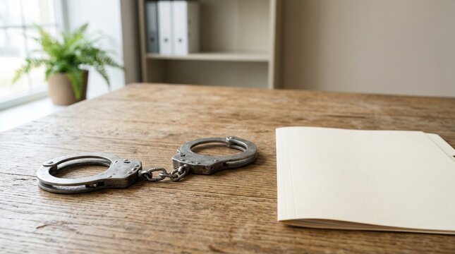 Handcuffs resting on wooden desk beside blank document folder  