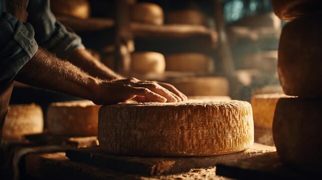 A cheese maker touches a large round wheel of aged cheese inside a dimly lit cellar with wooden storage shelves
