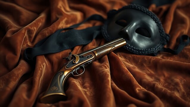 Antique flintlock pistol and black mask arranged on faded velvet fabric, historical still life.