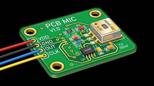 Small green pcb mic module with digital mems sensor and external wiring connections set.