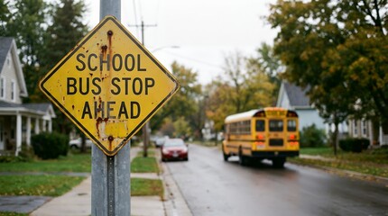 Obraz premium A weathered yellow diamond shaped road sign warns SCHOOL BUS STOP AHEAD next to a street with homes and a yellow school bus in the distance school bus stop sign warning sign
