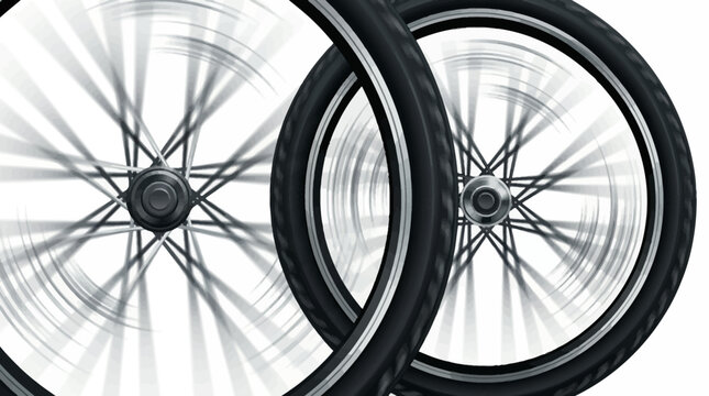 Two spinning bicycle wheels with motion blur