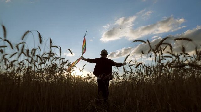 Boy running kite wheat field, sunset sky flying kite, child enjoying nature freedom, golden wheat field evening light, happy childhood memories outdoors, carefree summer adventure, wind blowing