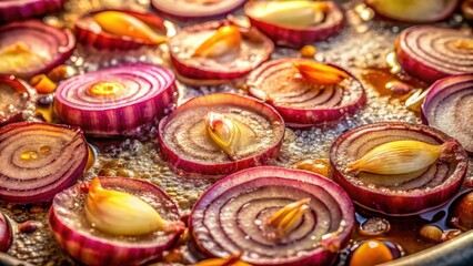 Fototapeta premium Chopped onions fry in hot oil beside vibrant