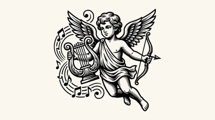 Fototapeta premium Cupid Playing Lyre with Musical Notes and Aiming Bow and Arrow, Black and White Vector Illustration with Swirling Ornaments, Symbol of Love and Music