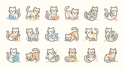 Obraz premium Cute Flat Vector Kittens Tangled in Colorful Yarn, Playful Cat Poses with Balls of Wool, Set of Graphic Icons on White Background, Adorable Animal Illustrations