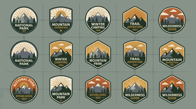 Collection of Twelve Stylized Mountain Badges and Emblems, Featuring National Parks, Expeditions, and Wilderness Guides, Flat Vector Graphic Design with Retro Color Palette
