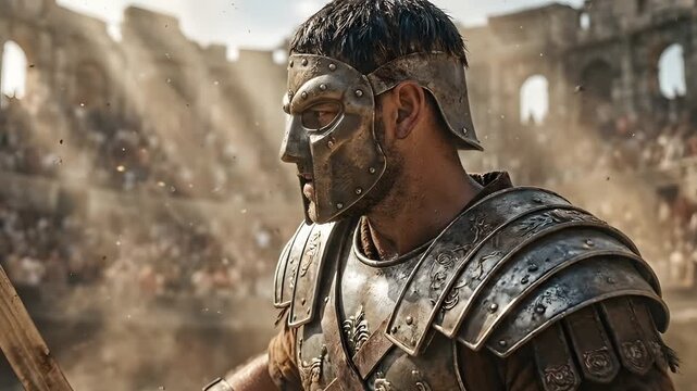 Gladiator in ancient Roman Colosseum arena.