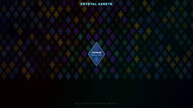 Modern financial wellness apps feature these glowing crystal assets on a dark background showing a premium wealth tier as the animation reveals digital investment opportunities.