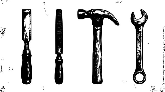 Tools Vector Icons Set Includes Hammer Wrench and Screwdriver with Rustic Distressed Texture on White Background