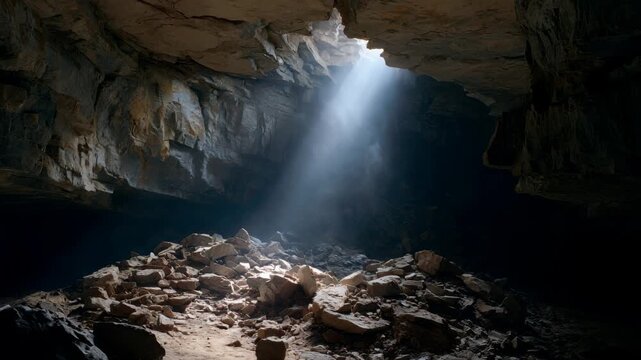 Sunlight beam streaming through cave opening illuminating rocky floor for nature and exploration content