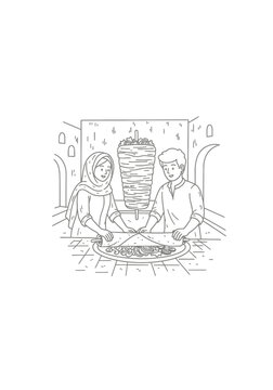 Traditional shawarma cooking with vertical rotisserie grill.