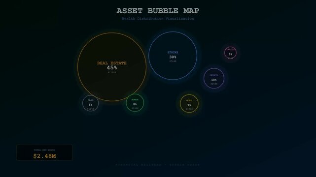 This modern interface of financial wellness apps displays a dynamic asset bubble map showing various investment categories growing and shrinking to visualize total net worth.
