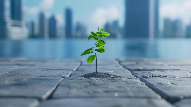 Seedling Sprouting Through Pavement: A solitary green seedling pushes through the cracks of a stone-paved surface, with a blurred cityscape and body of water in the background.