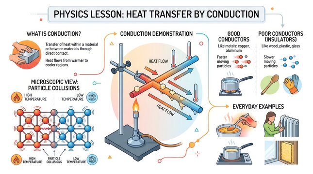 Educational physics infographic showing heat transfer by conduction with atomic examples.