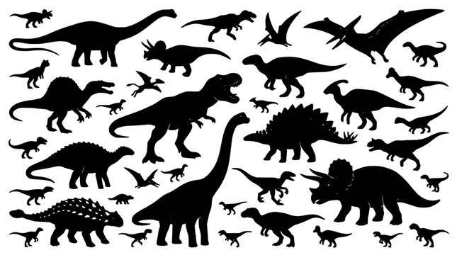 Dinosaur Silhouette Set with Many Prehistoric Creatures and Shadowy Dinosaur Shapes in Black on White