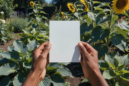 Hands hold blank white card in garden setting with sunflowers and hostas under bright midday sun. Shadows fall across dark skin texture against lush green foliage.