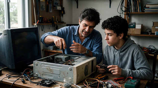 Father and Son Repairing Computer: A father patiently guides his son as they work together to fix an old computer in a workshop setting, surrounded by tools and electronic components.