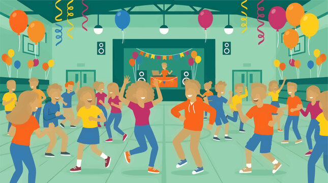 Flat Design Vector Illustration of a Cheerful School Dance Party with Diverse Students Dancing and DJ Playing Music, Colorful Balloons and Streamers Decorating the Gymnasium