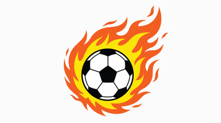 Fototapeta premium A classic soccer ball surrounded by stylized orange and yellow flames on a white background.
