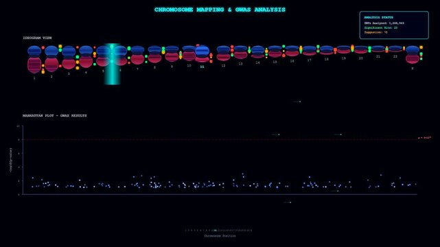 This futuristic display shows a bioinformatics genome analysis scanning through human chromosomes with a moving light bar and updating Manhattan plot data for scientific research.