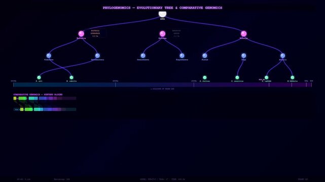 An advanced Bioinformatics genome analysis tool displays a dynamic phylogenomic tree mapping evolutionary connections through colorful nodes and complex genetic data structures on a dark screen.