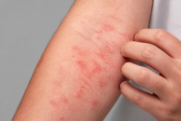 Fototapeta premium Arm with red rash being scratched against gray background