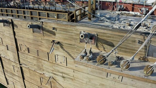 Details in aerial view of a replica of the 18th century Spanish combat galleon.