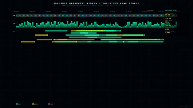 This digital display shows a bioinformatics genome analysis tool with scrolling data visualization representing genetic sequences and read pileup across a dark high tech interface.