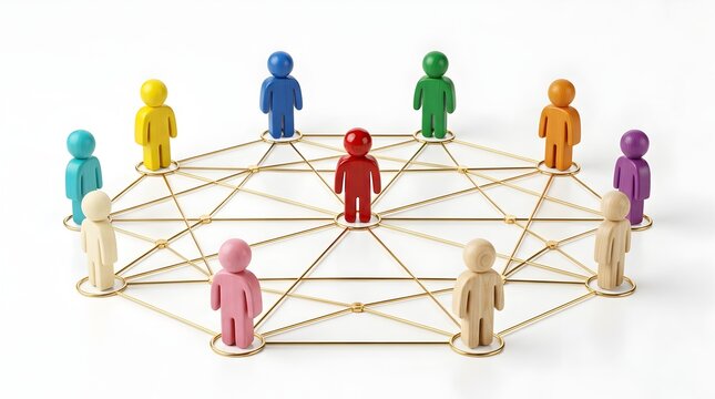 Colorful male wooden figures connected by golden communication string network. Concept of corporate human resources, organizational hierarchy structure, and digital social networking.