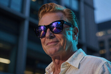 Fototapeta premium Man with reddish hair wears dark sunglasses reflecting urban street lights at dusk. Teal accent lighting illuminates his profile against a blurred cityscape background.