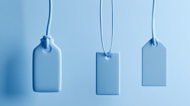 A price tag and coupon hang from a clay string against a pastel blue backdrop, gently swaying in the air with soft light around them.