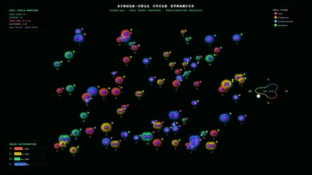 A detailed visualization of bioinformatics genome analysis displays how single cells undergo division and growth phases within a complex biological monitoring system for scientific research.