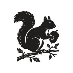 Black silhouette of squirrel holding an acorn on a branch with squirrel © kuhinur