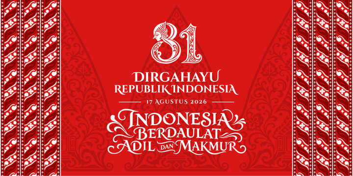 81st Indonesia Independence Day 2026 Batik Border Banner. Flat vector horizontal red banner for Indonesia's 81st Independence Day. Translation: Happy 81st Indonesian Independence Day 2026.
